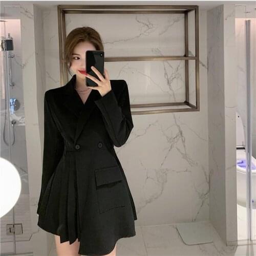 2021 Spring Female New Slim Casual Double Breasted Solid Color Long Sleeve Minimalist Pleated Hem A-Line Blazer Dress