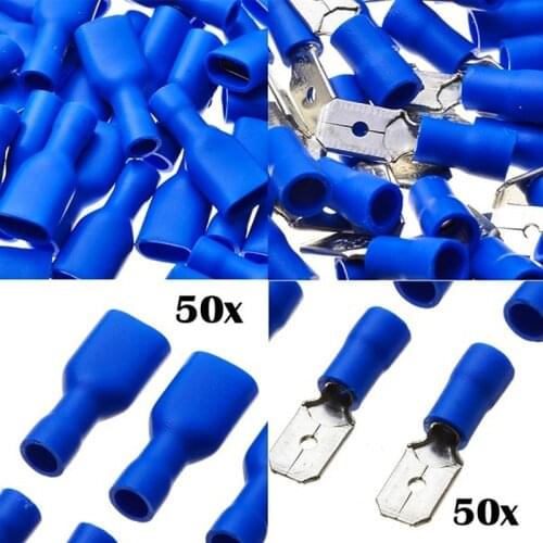 100Pcs blue FDFD2-250*50 MDD2-250*50 16-14AWG Insulated flat Spade Wire Cable Connector Terminal male female terminal terminator
