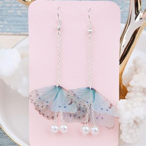 8Seasons Organza Ethereal Butterfly Earrings Silver color Green Blue Created Pearl Fashion Earrings For Women 80mm long,1 Pair
