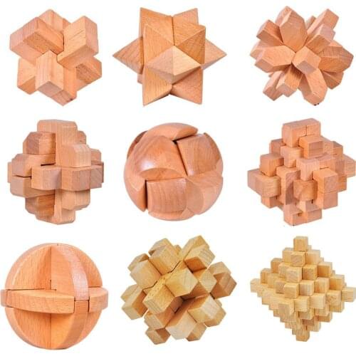 9PCS/LOT Beech Wood Puzzle Toys Classic IQ 3D Wooden Interlocking Burr Puzzles Mind Brain Teaser Game Toy for Adults Children