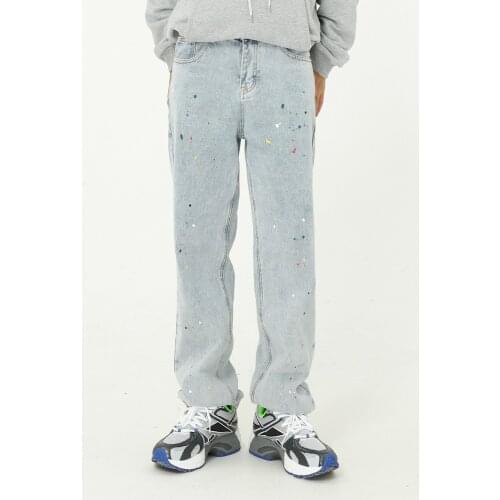 Men Classic Vintage Streetwear Loose Casual Straight Suit Pant Male Japan Korea Trousers Splash Paint Blue Soft Masculino Denim