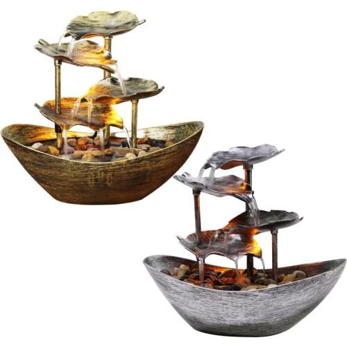 Waterfall Fountain Sailing Lotus Leaf Shaped Water Fountains With Led Lights Desktop Flowing Water Waterfall FengShui Home Decor