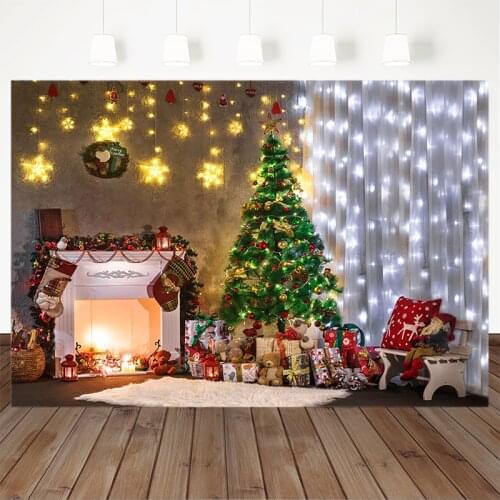 Photography Backdrops Christmas Tree Fireplace Gift Sock Star Lights Candle Christmas Background For Photo Studio