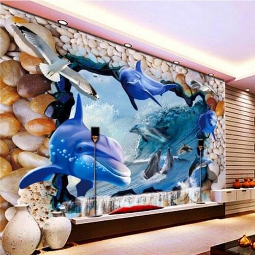 Photo wallpaper 3D Fresco Underwater World Dolphins Pebble Mural Background Wall mural wallpaper custom lobby mural