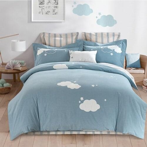 Nice Blue Queen King Pure Cotton Bedding sets Soft Bedclothes Embroidery Deer Penguin Bed sheet set Duvet cover Pillowcases 4Pcs