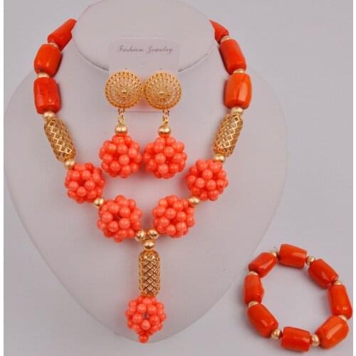Fashion Nigerian Orange Coral Beads African Coral Necklace Bridal Jewelry Sets 12-S-02