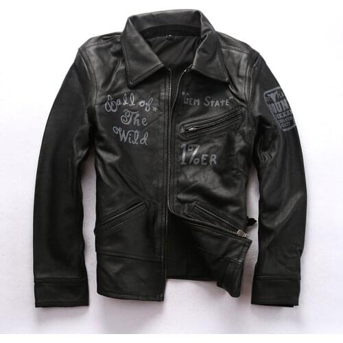 TOP 2020 New Men Black Genuine Leather Motorcycle Jacket Fashion Letter Printing Cowskin Slim fit Rider Biker Jackets