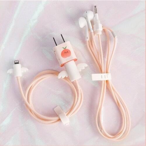 Cartoon Earphone Protector Set With USB Charger Stickers Spiral Cable Protector For iphone 12 Fast Charger Cable Winder