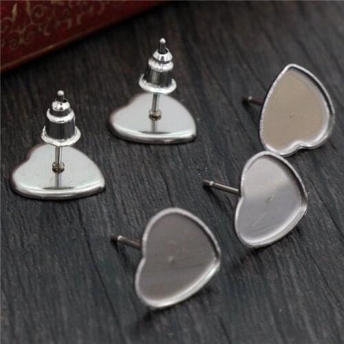 Never Fade) 20pcs 10mm Heart Stainless Steel Earring Base Studs Ear Cameo Settings Cabochon Base Tray Blank (With Back)-T5-44