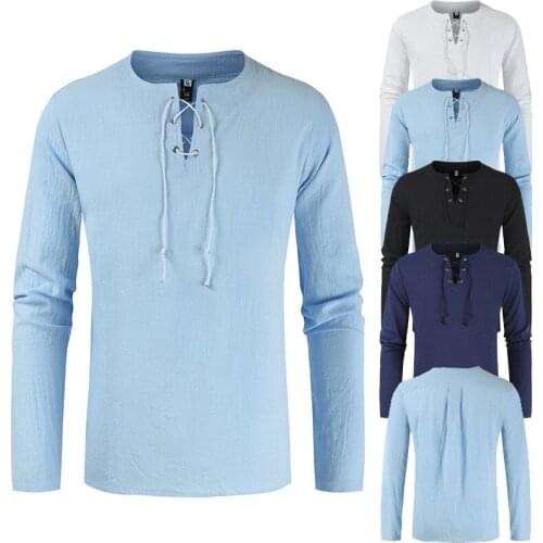 Summer New Mens Cotton Linen T shirt Male Solid Color V Neck bandage T shirts Casual Long Sleeves Linen tshirt Tops S-4XL