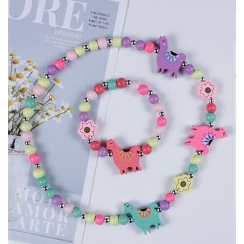 New Child Cute Cartoon Wood Beads Cartoon Necklace Bracelet Set Flower Sweater Chain Girls Gifts Children Jewelry Wholesale