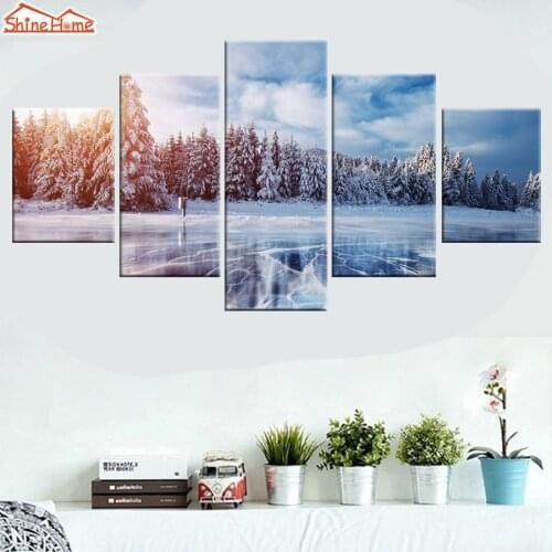 ShineHome-5pcs Canvas Oil Printing Painting Modern Winter Frosen Ice Lake Mountain Wall Living Room Household Walls Decoration