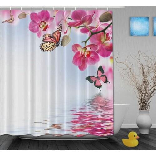 Custom Watercolor Pink Floral And Butterfly Chinese Style Shower Curtains Waterproof Fabric With Hooks Bathroom Shower Curtain