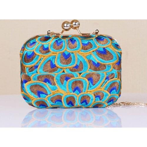 Bee In Fly Ethnic Embroidery Dinner Bag Peacock Feather Pattern Womens Handbag