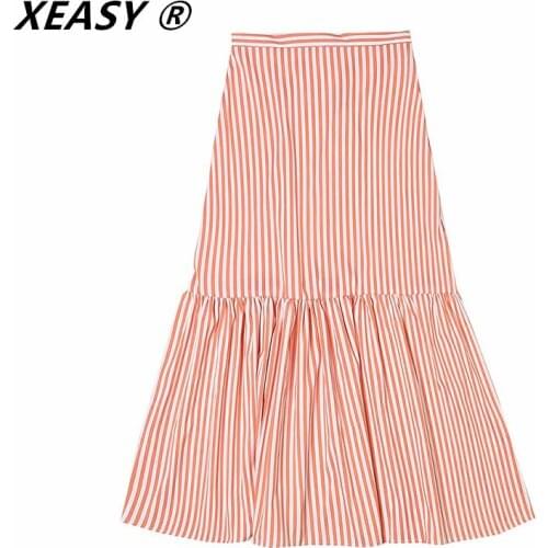 XEASY 2021 Spring New Womens Skirt Striped Poplin Bag Hip Slim Long Skirt Suit Casual Fashion Retro Temperament Long Skirt