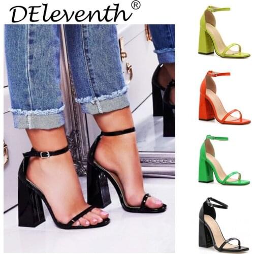 Women Sandals Plus Size Shoes For Women Square Toe PU 10CM Thick High heels Buckle Strap sandal women shoes 2020 size 35-42