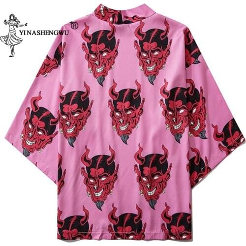 Women Harajuku Cardigan Kimono Summer Loose Shirt Tops Casual Man Demon Print Kimonos Coat Yukata Robe Beach Japan Pink Purple
