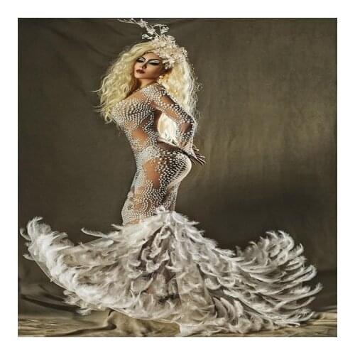 Womens Birthday Celebrate Costume Luxury long evening party dress Big Pearls Rhinestones Feather Dress Party costume