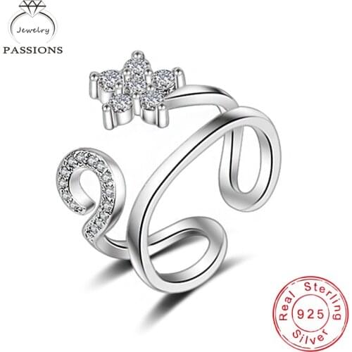 Fashion 925 Sterling Silver AAA Zircon Star Double Layer Rings Adjustable Rhinestone Flower CZ Asymmetry Ring Women Jewelry Gift