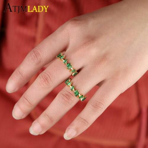 2020 New Arrived Green Color Baguette Cubic Zirconia Geometric Simple Eternity Cz Band Ring For Women Gold Color Stacking Rings