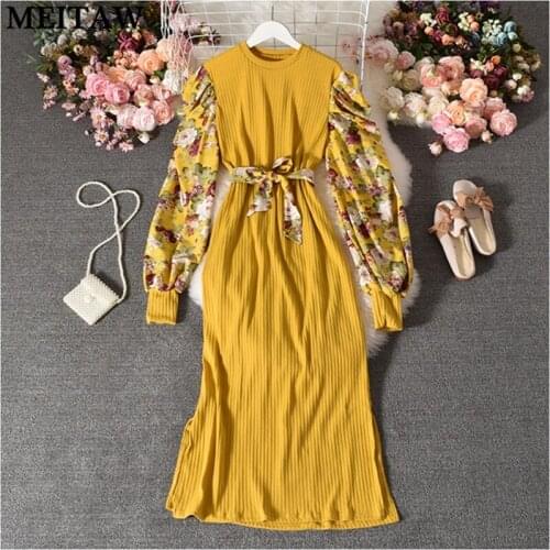 Women Split Belted Long Sleeve Floral Dresses 2021 Vintage O-Neck Knitted Dress Long Office Dress Vestidos Plus Size Robe