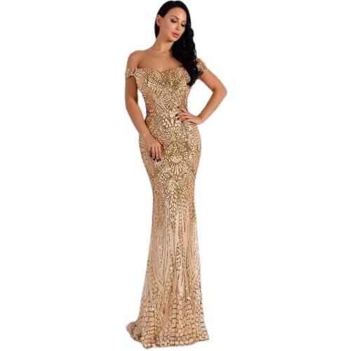 Sexy Evening Party Dress Sequin Maxi Off Shoulder Bodycon Elegant Wedding Women Long Prom Dresses Gold 2021 Summer