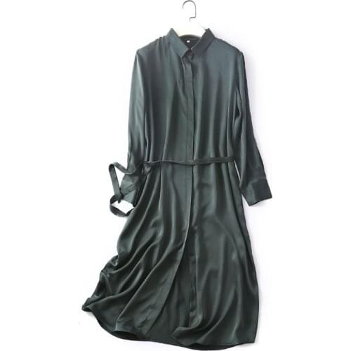 Women Summer Silk Dress Vintage navy green Natural silk dresses Elegant Dress Casual holiday real silk long shirt dress