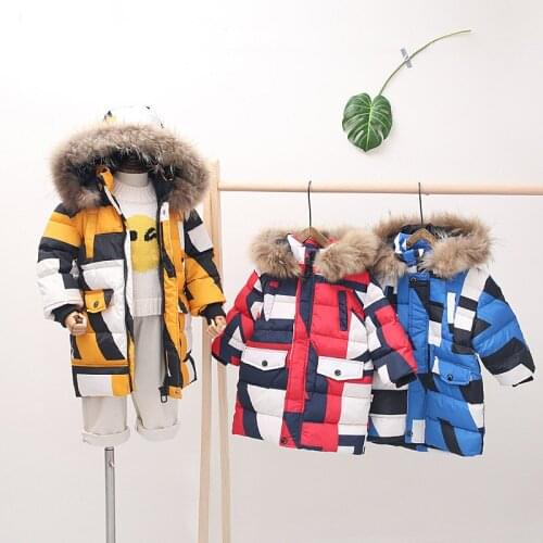 Winter Warm Down Jackets for Boys Girls Parkas Coats Camouflage Long Style Hooded Jackets Teen Fur Collar Outerwear Boys Clothes