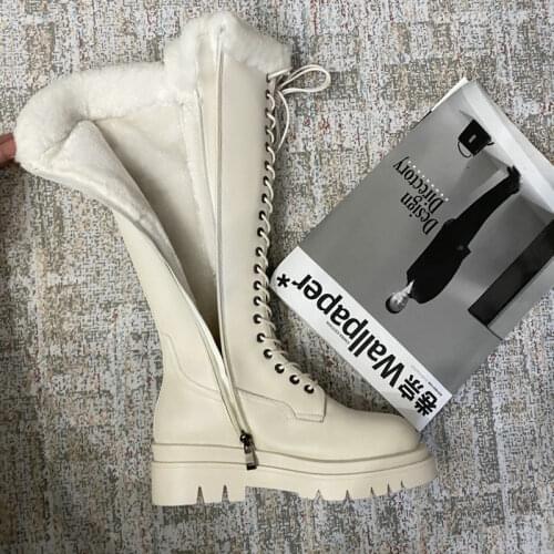 Winter Warm Wool Boots Women High Heel Knee High Boots Black Beige Brown Superfine Fiber Waterproof Thick Heel Fur Women Boots