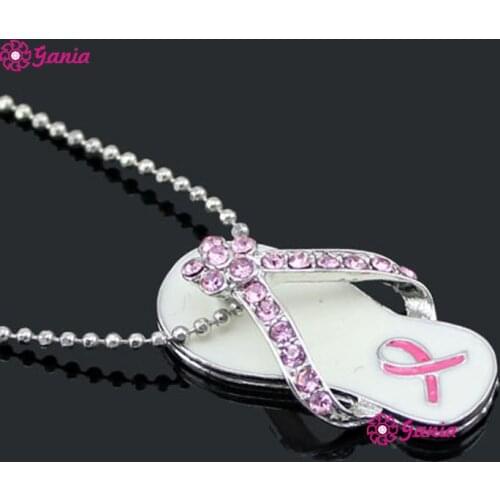 10PCS/LOT Wholesale Free Shipping Breast Cancer Awareness Pink Ribbon Jewelry Necklace, Pink Ribbon Flip Flop Pendant Necklace