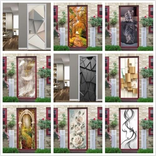 3D Black Geometric Door Wallpaper Murals DIY Self-adhesive Waterproof Removable Poster Art Mural Decal Home Decor stickers porte