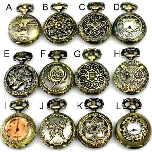 APW001) 12 design mixed Antique Bronze Steampunk Flower Owl Pocket Watch Butterfly Necklace , 120pcs/lot , Dia 2.7cm., APW001