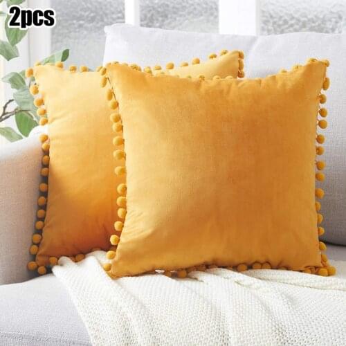 Velvet Cushion Cover Soft Pom Pom Ball Fringed Home Decor Sofa Throw Pillow Case Solid Color For Living Room Car 2pcs 40x45cm