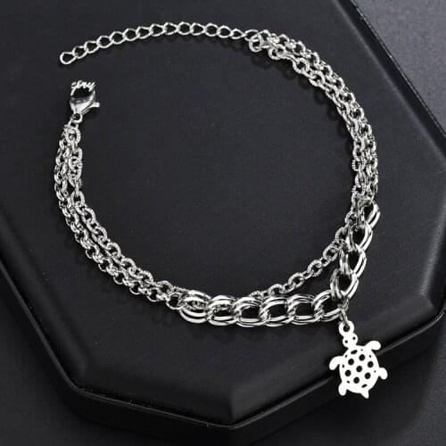 Personality Sea Turtle Stainless Steel Bracelet Adjustable Double Chain Charm Wristband for Women Men Kids Friendship Jewelry