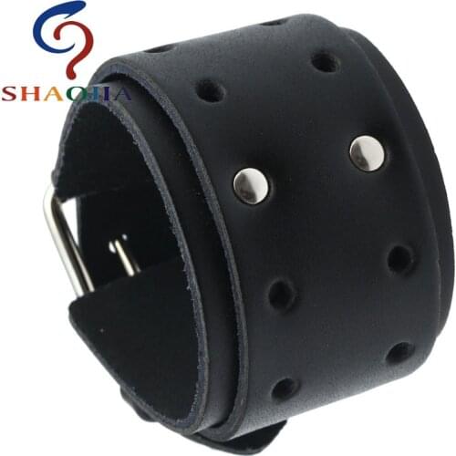 SHAOJIA Unisex Three Color Option Wide Leather Bracelet Stainless Steel Belt Buckle Hand Cuff Geometric Bracelet Punk Adjustable