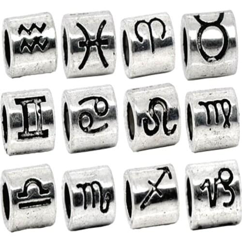 36 PCs Doreen Box Mixed Zodiac Spacer Beads Znic Alloy Silver Color Fit Charm Bracelet Jewelry 7.5x7.5mm, Hole: 4.5mm