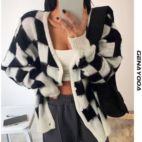 Genayooa V-neck Single Breasted Plaid Female Cardigan Women Korean Style 2021 Loose Autumn Winter Long Sleeve Ladies Sweater