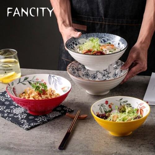 FANCITY Japanese style ceramic noodle bowl soup bowl large bowl salad bowl instant noodle bowl ramen bowl household hand-painted
