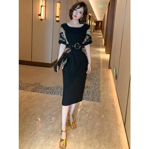 Top Quality Simple and generous fringes printing stitching belt light mature dress for women in summer