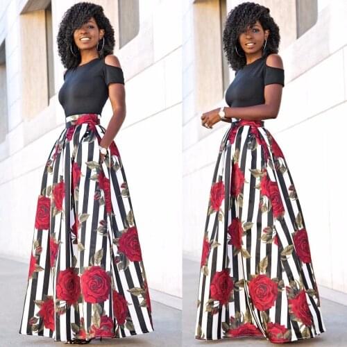 Summer Women Maxi Long Skirts Floral Skirts Black Tops Vestidos Sexy Tops Fashion Ladies Female Plus Size 5XL Black Two Pieces