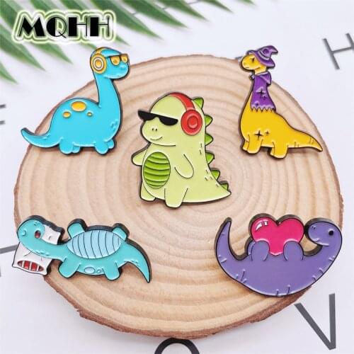 Cartoon Cute Fun Animal Colored Dinosaur Enamel Pins Love Heart Listening to Music Sleeping Alloy Brooch Punk Badge Jewelry Gift