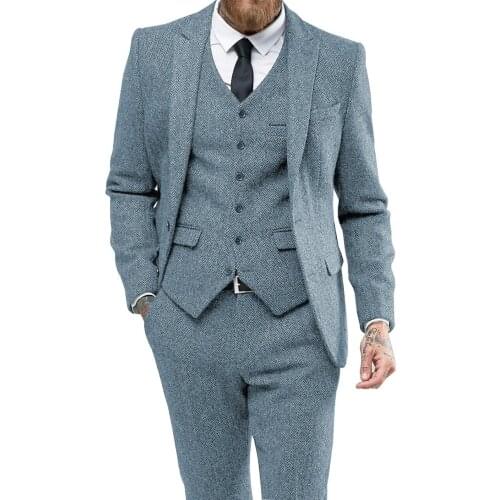 Men Suit Herringbon Casual Formal Three Piece Business Groomsmen Grey White Burgundy Lapel Tuxedos for Wedding Blazer+Pants+Vest