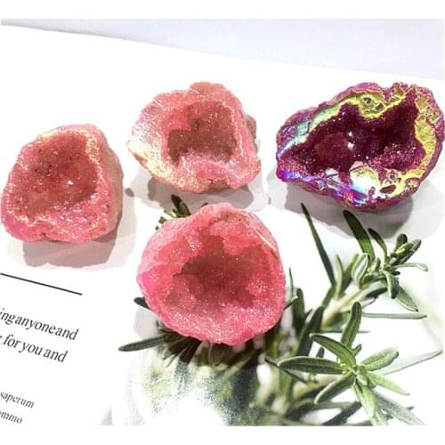 Natural Agate Geode Quartz Crystal Electroplating Aura pink healing Stone For Home Decoration