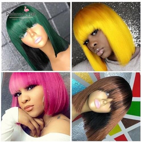 Preferred Ombre Wig Pink Purple Short Human Hair Wigs With Bangs Preplucked Remy Brazilian Bob Lace Front Wigs For Black Women