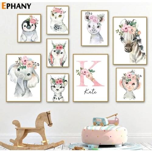 Personalized Canvas Painting Print Custom Baby Name Nursery Poster Pink Flower Animals Wall Art for Girls Bedroom Decoration