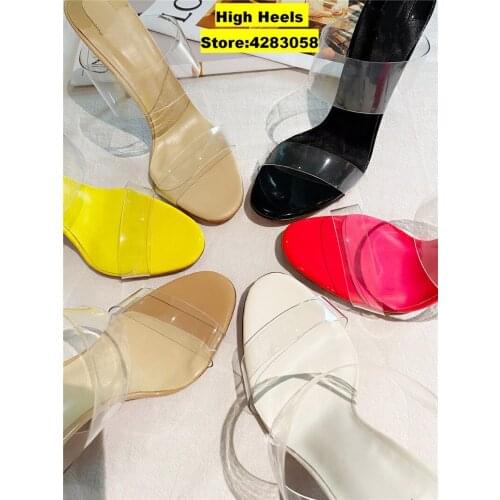 Casual Designer Women Sandals PVC Transparent Genuine Leather Strappy High Heels Peep toe Sandalias mujeres Zapatos Mujer Muler