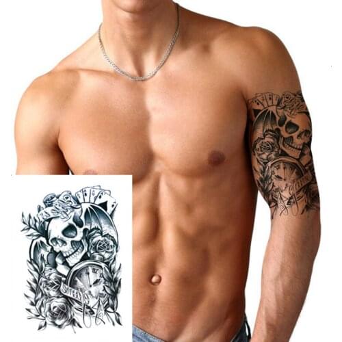 Waterproof Temporary Body Art Arm Shoulder Chest Skull Poker Tattoo Sticker Women/Men Hot Sale 14.8*21 Cm