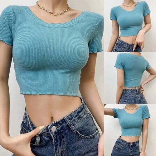 Womens New Fashion Elastic Leaky Navel High Round Neck T-Shirt Top Blue