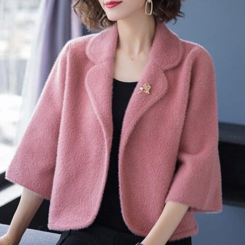 3/4 Sleeve Suit Collar Sweater Coat Womens Fashion Temperament Short Imitation Mink Velvet Loose Knitted Cardigan Tops y1512