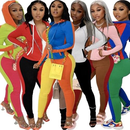 Womens Fashion Contrast Stitching Hooded Two Piece Set Zipper Sweatshirt+Pants 2 Piece Set Women Fashion Tracksuit